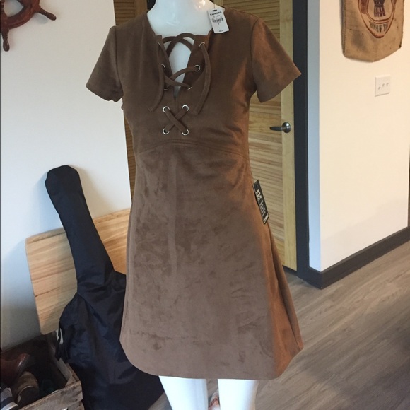 Express Dresses & Skirts - Express Brown Suede-Look Lace-Up Midi Dress